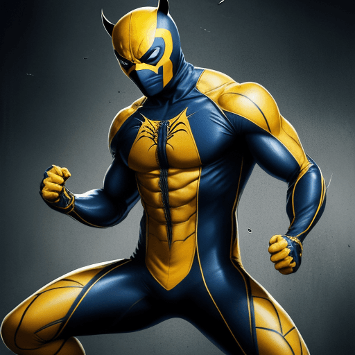 AI generated: HUGH JACKMAN IN A YELLOW AND BLUESPIDER-WOLVERINE 
 SUIT WITH A MASK

