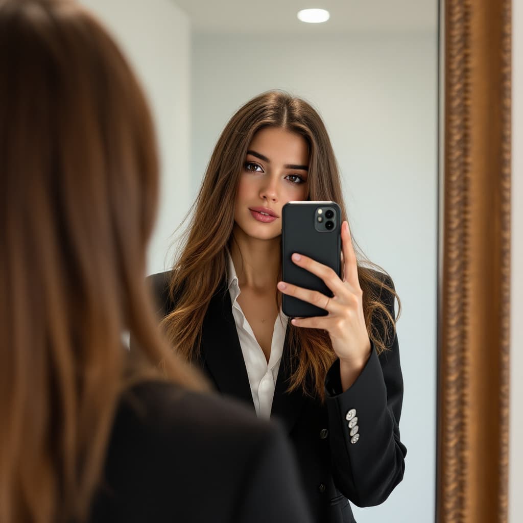 AI generated: the girl takes a photo with her phone of herself in the mirror, she has 24 years old, has straight b...