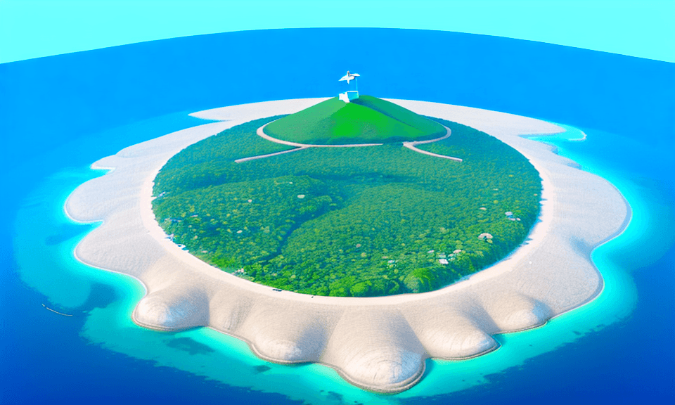 AI generated: bird's eye view high up looking down of a simple island. you can see the mainland in the background....