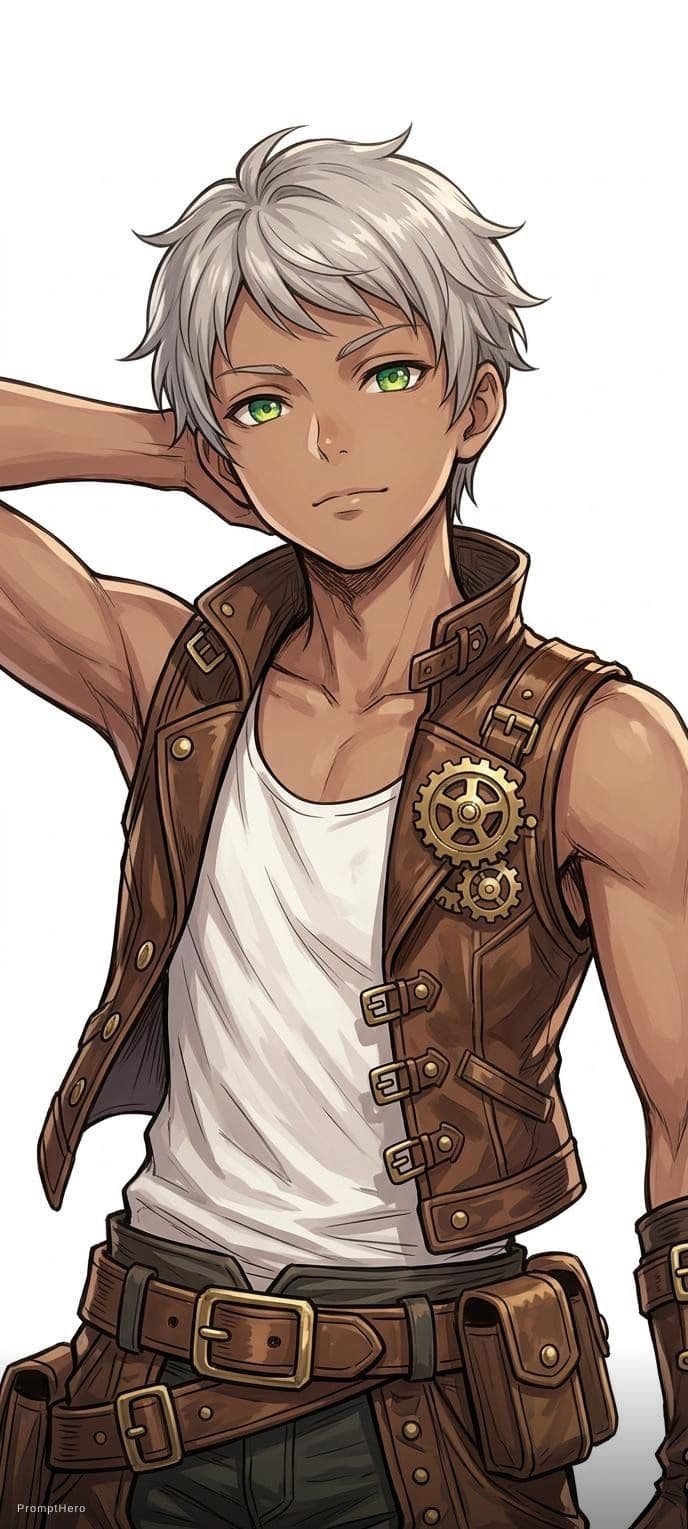 AI generated: game 2d art, image of a young man with light gray hair, 16 years old, green eyes, white tank top, st...