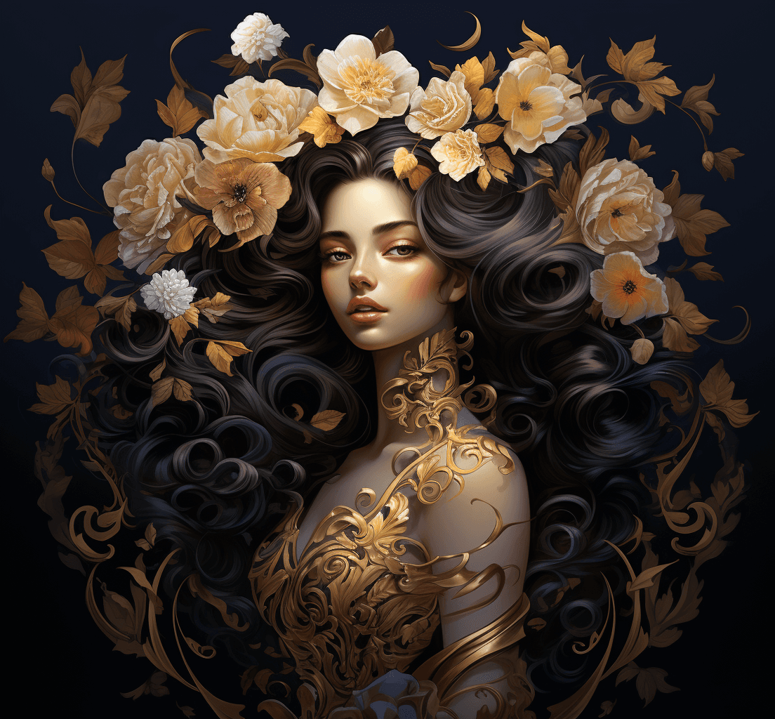 AI generated: Liliana x ivanee, in the style of highly detailed illustrations, dark gold, realistic portrayal, det...