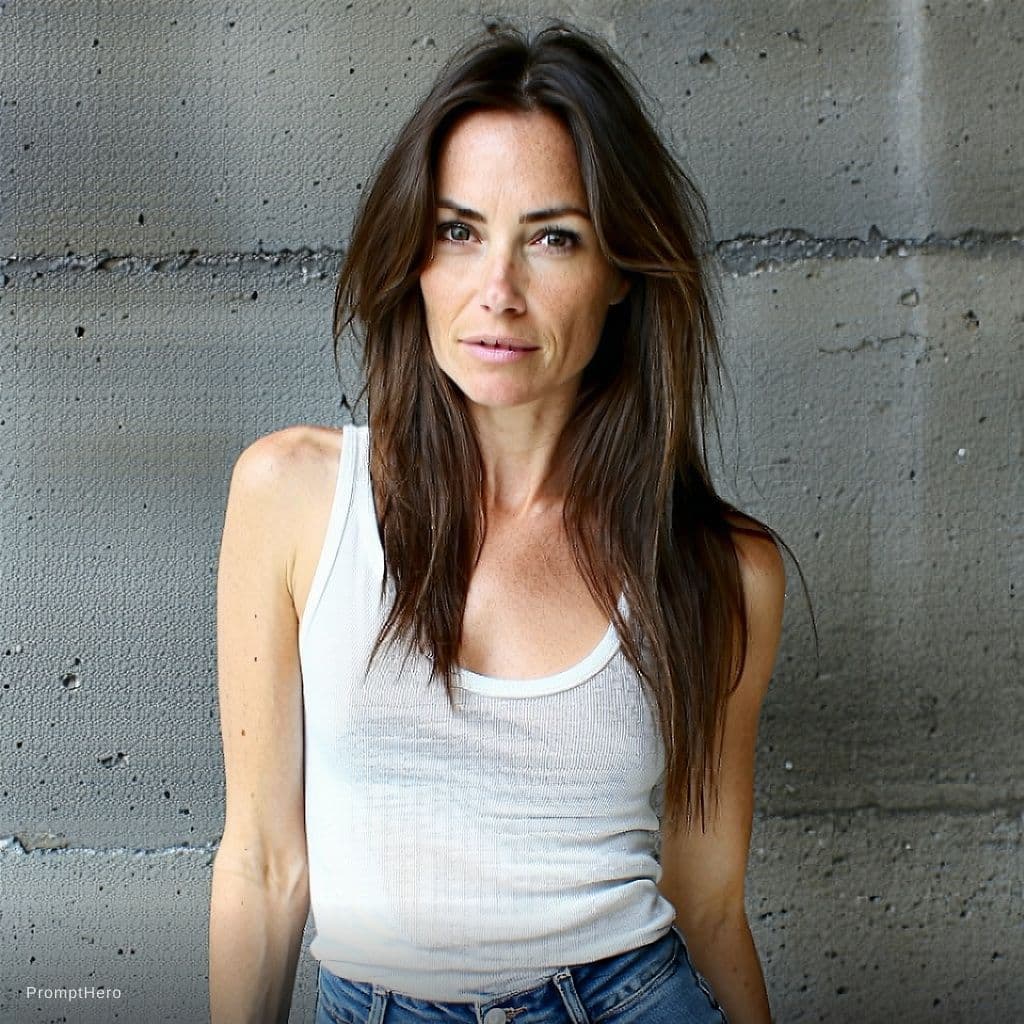 AI generated: A woman with long brunette hair and fair skin is captured in a candid moment. She's wearing a very l...