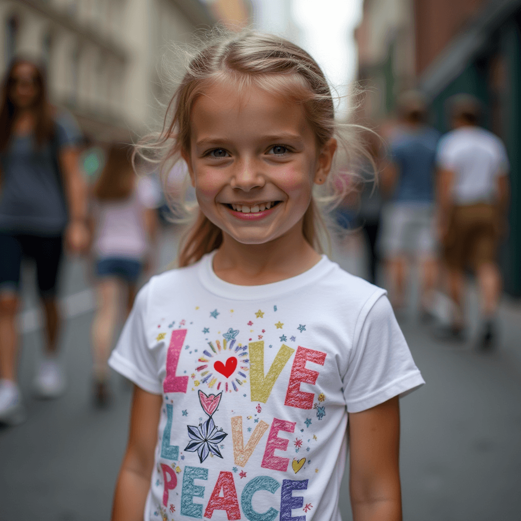 AI generated: A US girl was wearing a T-shirt with "love and peace" on it.