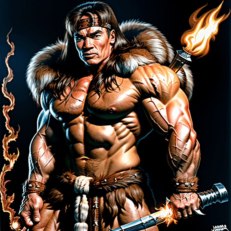 AI generated: conan the barbarian arnold schwarzenegger, muscular, rugged, fur pelt, aggressive, battle pose, hold...
