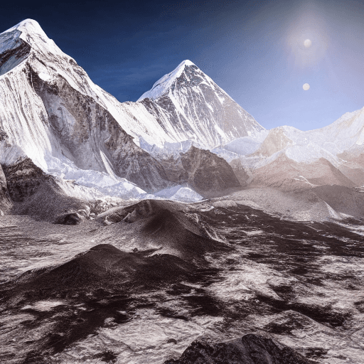 AI generated: High resolution photography of Mt Everest, ultra realistic, view from base camp on Nepal side, intri...