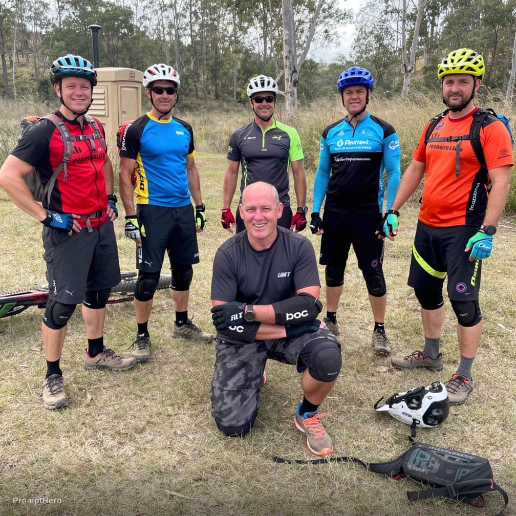 AI generated: Using the image provided, add 5 well endowed men wearing nothing except mountain bike helmets, all s...