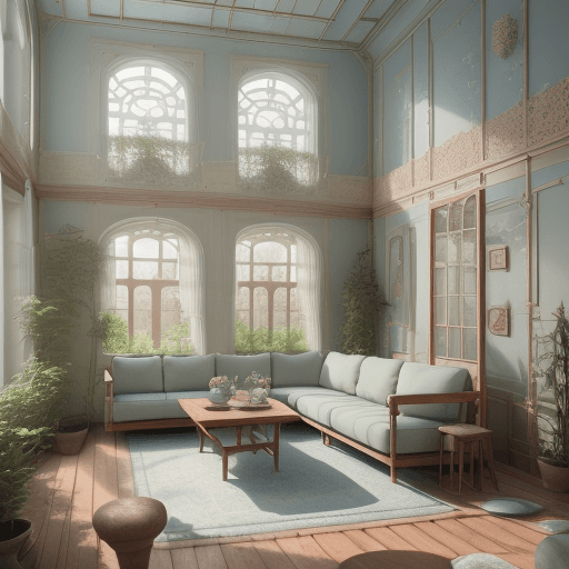 AI generated: High resolution photography interior design, dreamy sunken living room conversation pit, wooden floo...