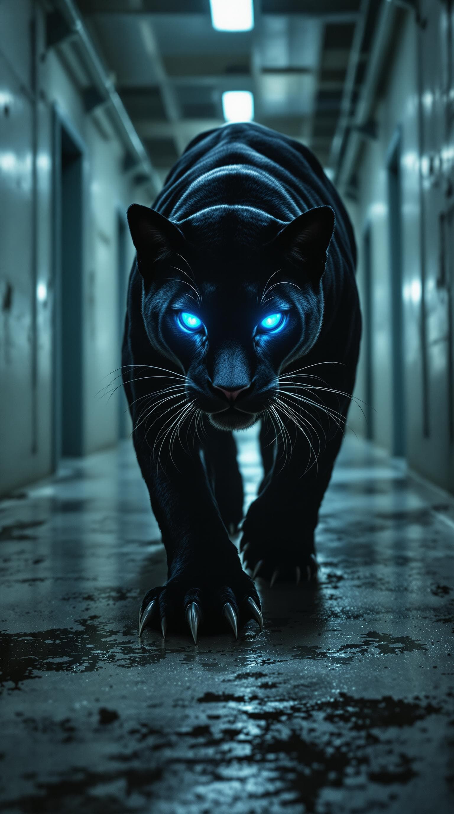 AI generated: A two-headed panther with black fur and glowing blue eyes, prowling through a maximum-security priso...