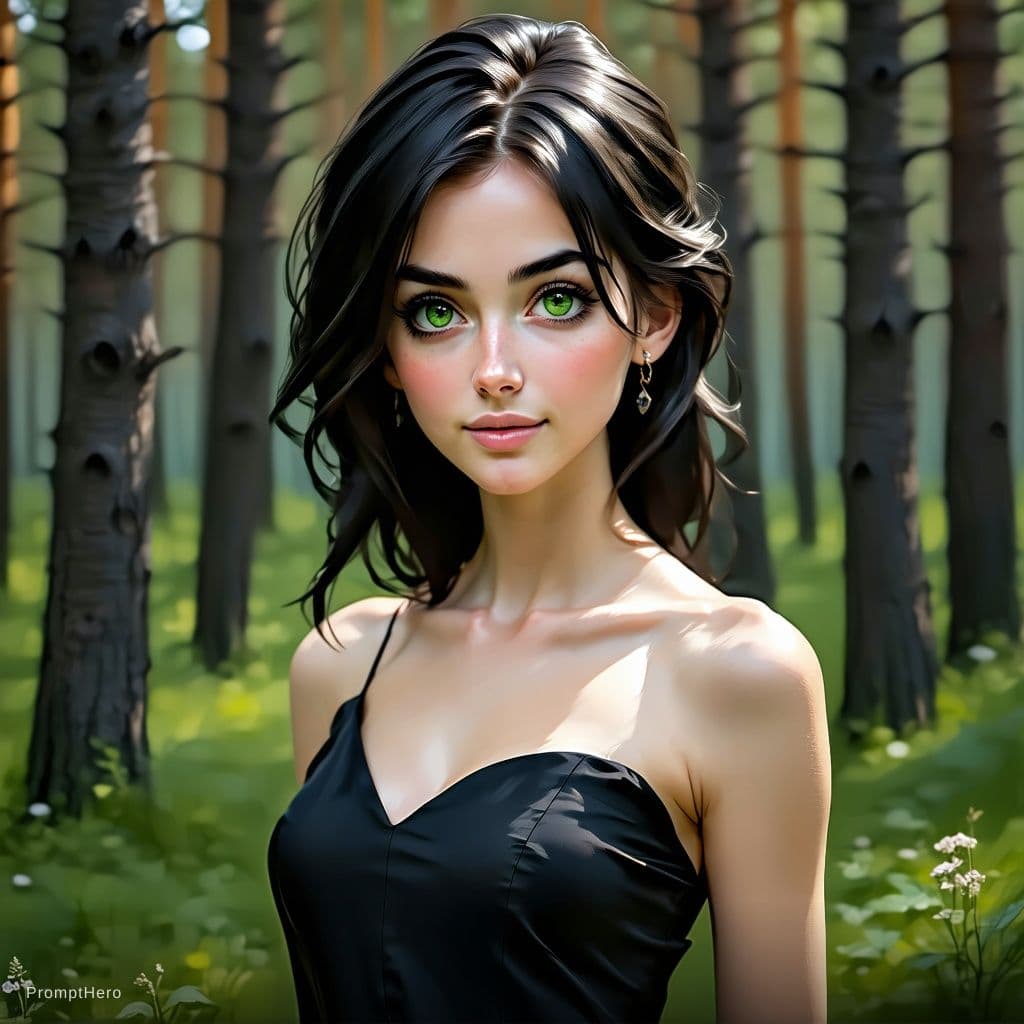 AI generated: gril, black hair, green eyes, dress with huge low-cut, in forest