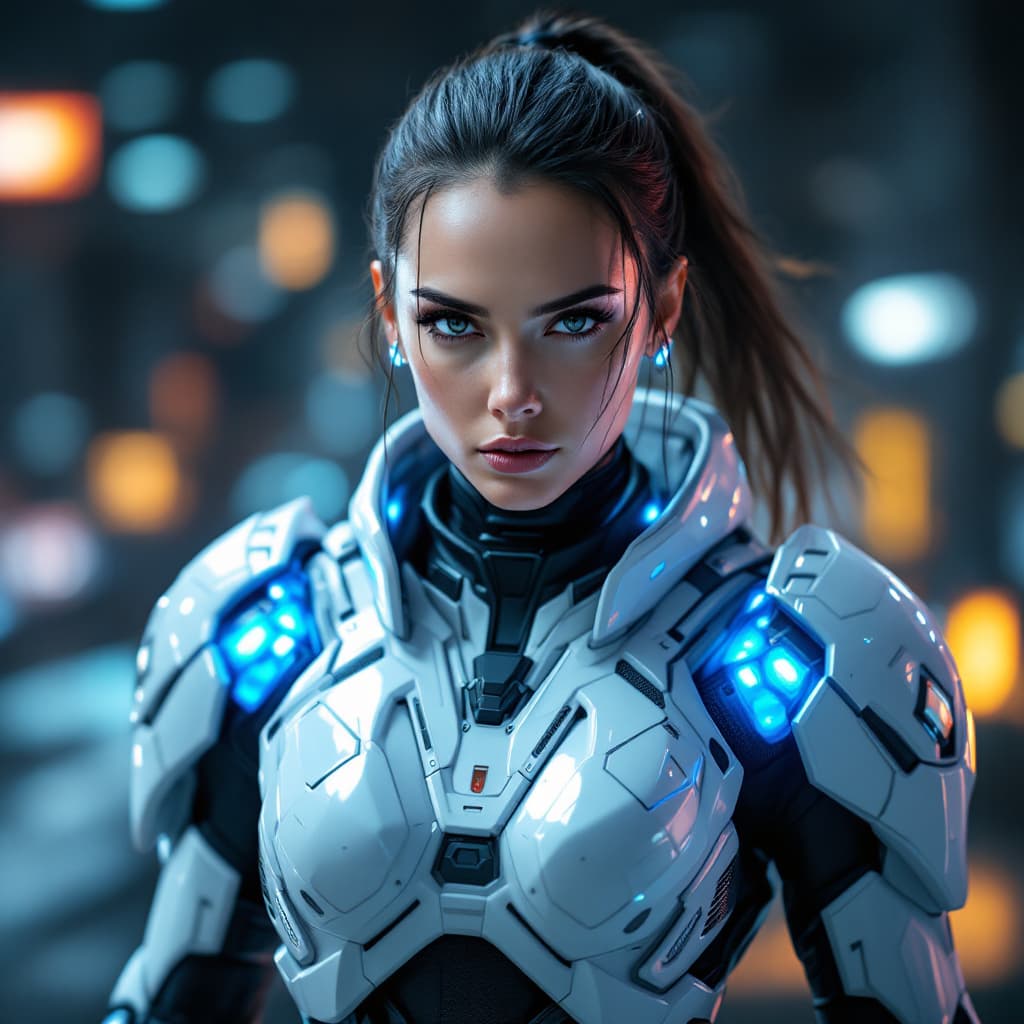 AI generated: female soldier wearing futuristic white battle armor with blue lights, intense and determined expres...