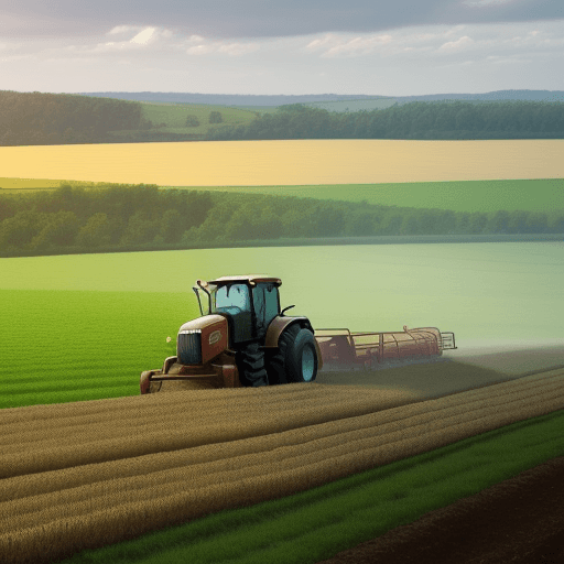 AI generated: create a rural atmosphere, there is a farmer plowing a field