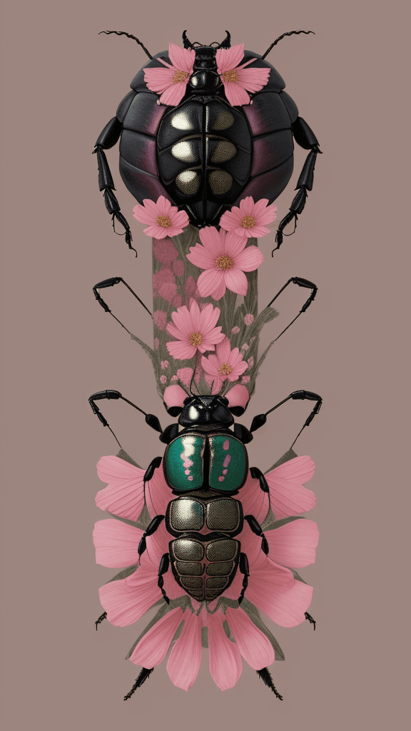 AI generated: floral beetle wearing a (long:1.2) pink (scarf:1.3), a beetle with arms and a head, (dark shot:1.17)...