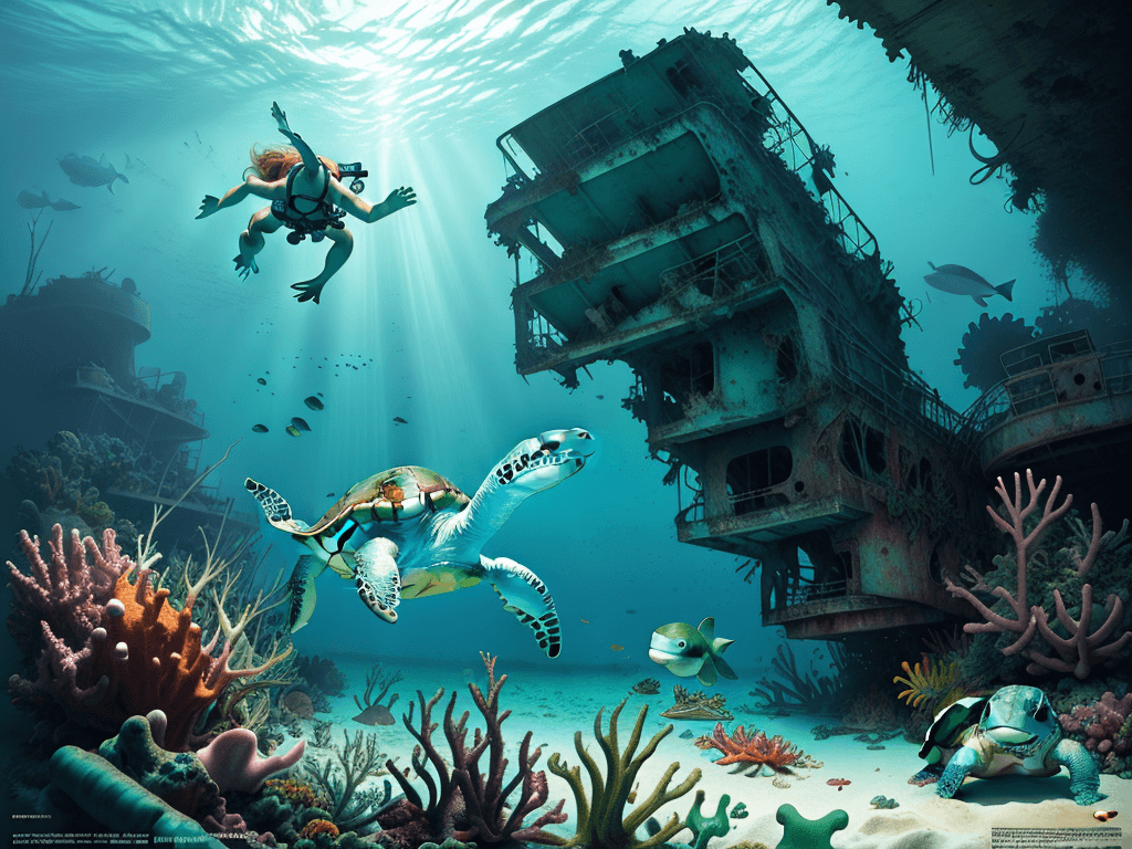AI generated: Hyper realistic diving photo of caribbean sea, wreck, happy green baby turtle, daylight, indirect li...