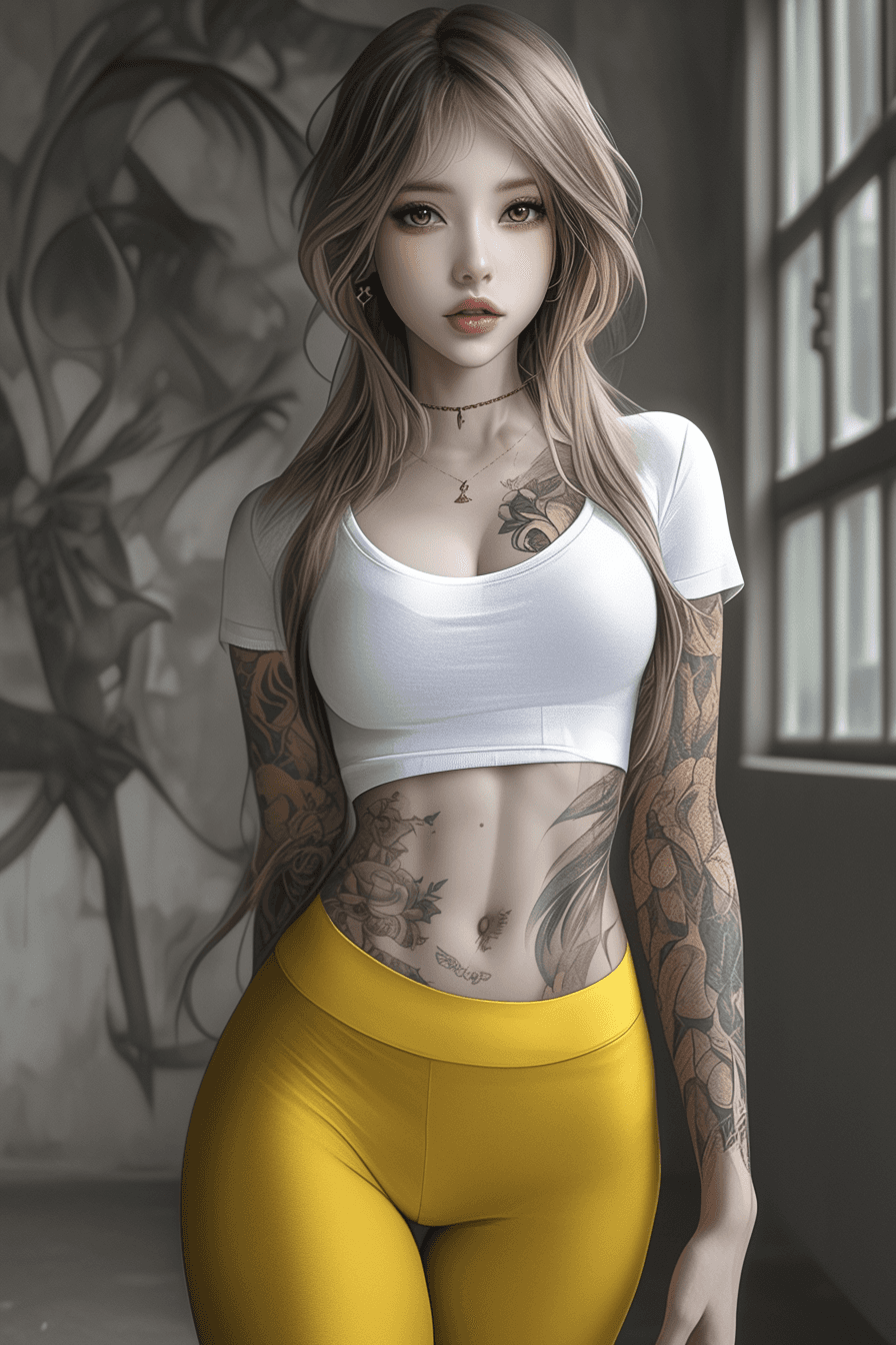 AI generated: very beautiful fullbody tattood girl in bright leggings, white cropped top, charismatic personality,...