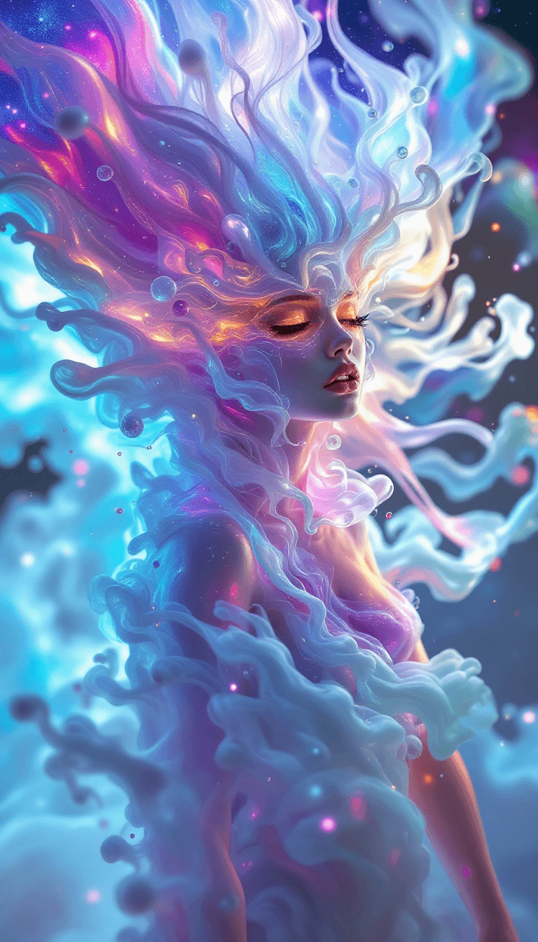 AI generated: Metamorphosis through Swirling Gases: A series of photorealistic images depicting a figure undergoin...