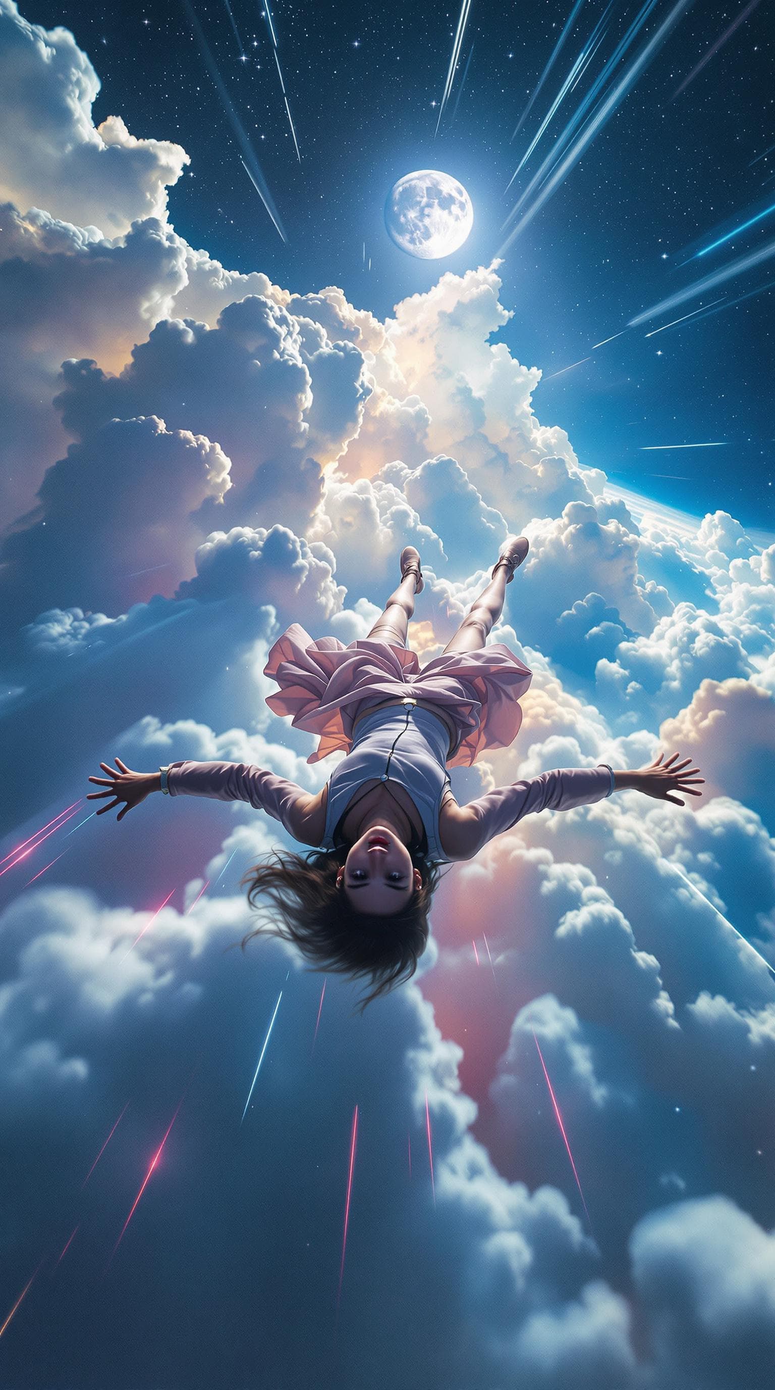 AI generated: A fast aerial tracking shot from the perspective of a drone captures a surreal dream sequence of a w...