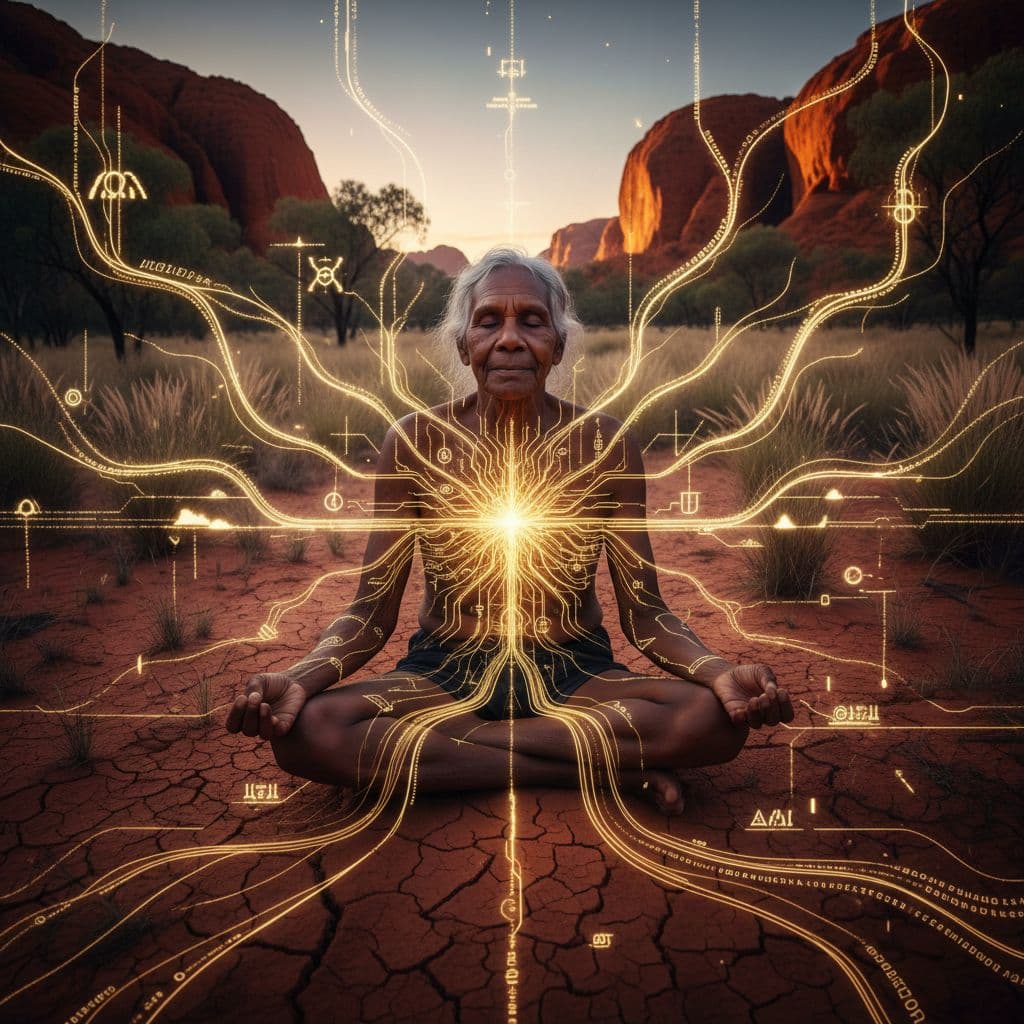 AI generated: `A powerful Aboriginal Elder, face etched with wisdom and kindness, sits in a state of deep meditati...