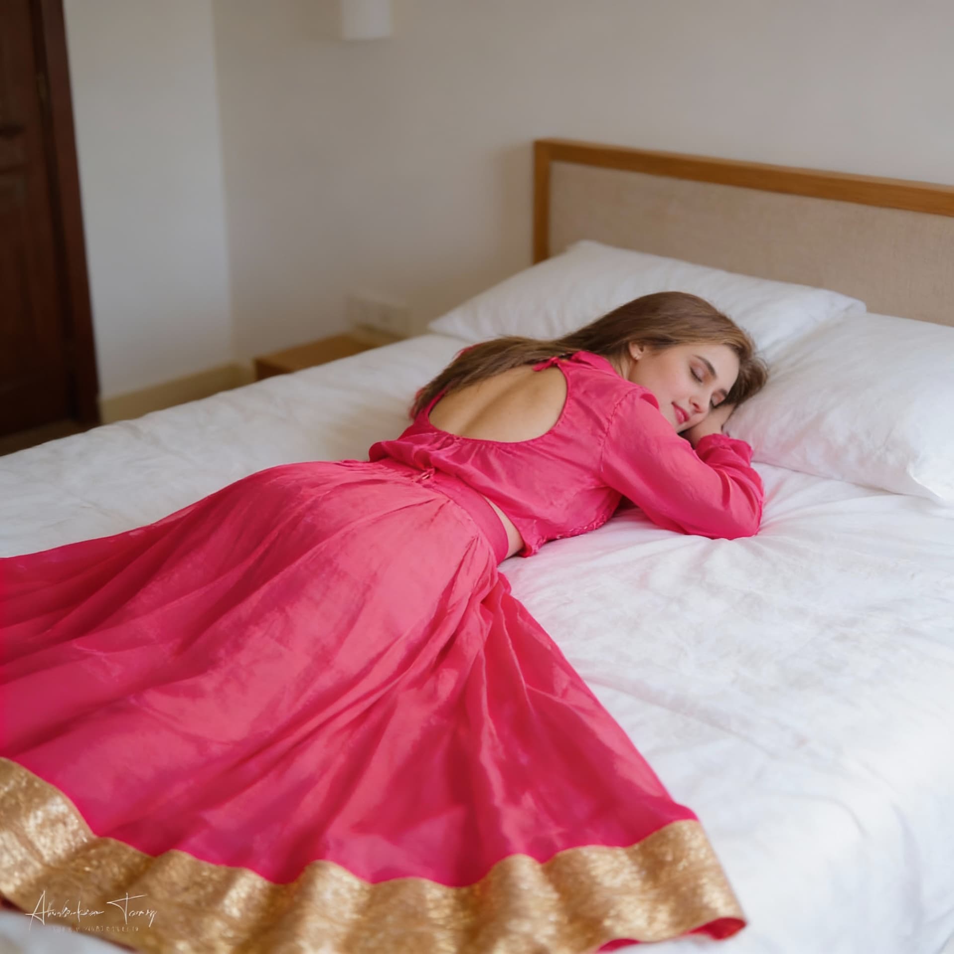 AI generated: This girl is sleeping face lying down on bedroom and showing her backless blouse in this similar dre...