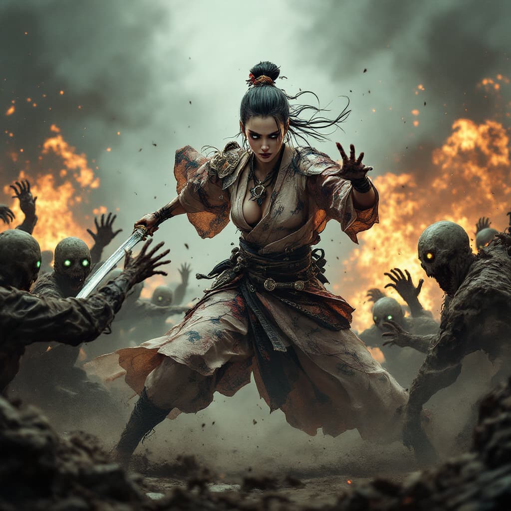 AI generated: Full body view Japanese female warrior vs zombies, Japanese female warrior, kimono-clad, adorned in ...