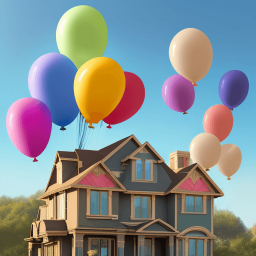 AI generated: House from the movie Up with eight huge balloons of different colours tied to it in disney pixar sty...