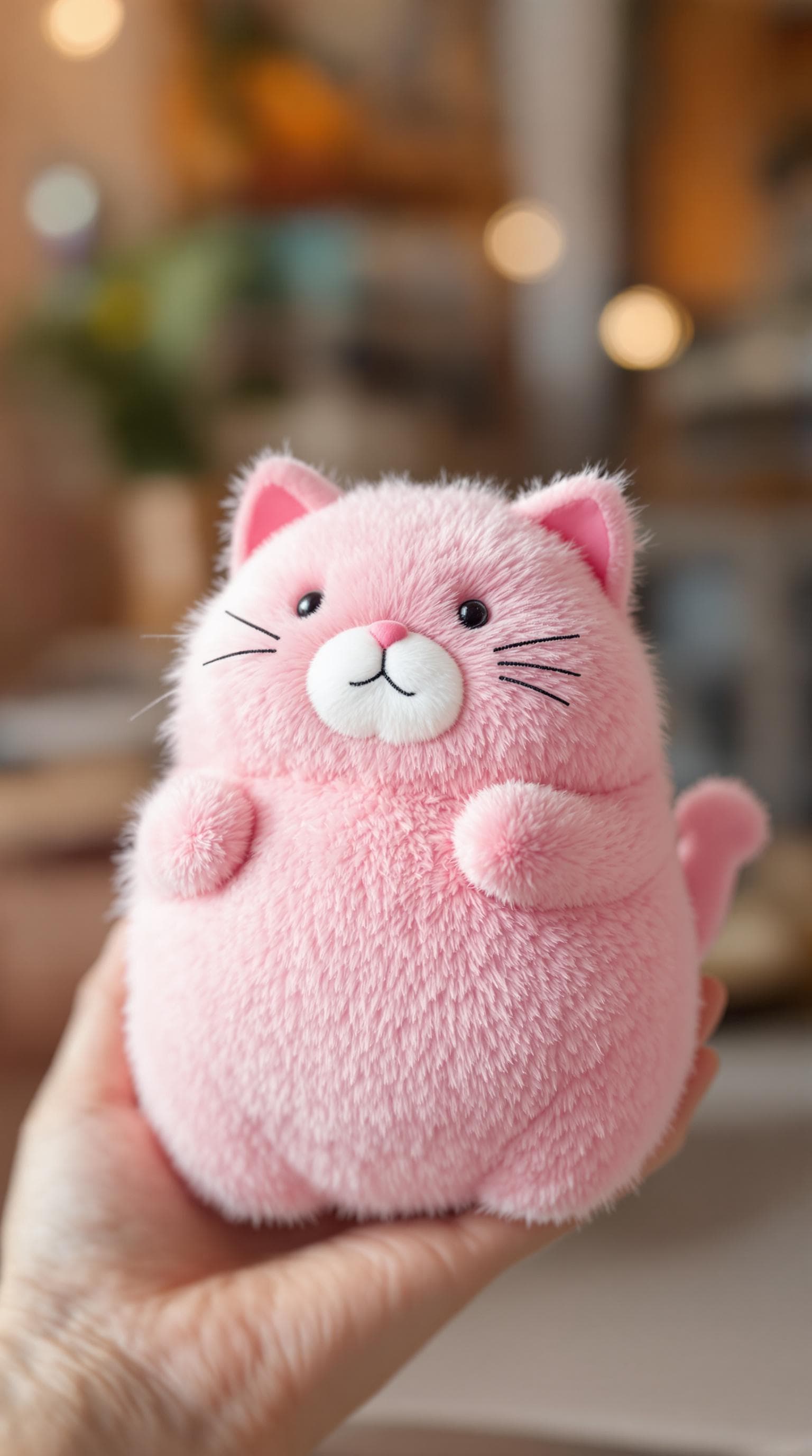 AI generated: An image of a pink plush cat that looks like a squeezable anti-stress ball
