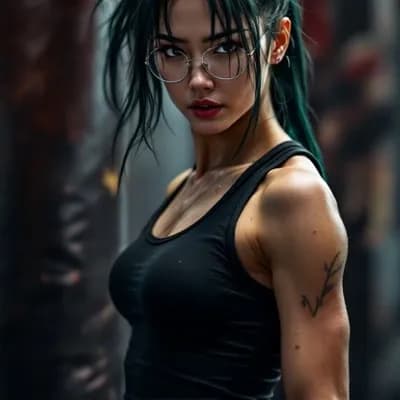 AI generated video: A battle-hardened young Japanese woman in her early 20s as an MMA fighter, her arm muscle flexing un...