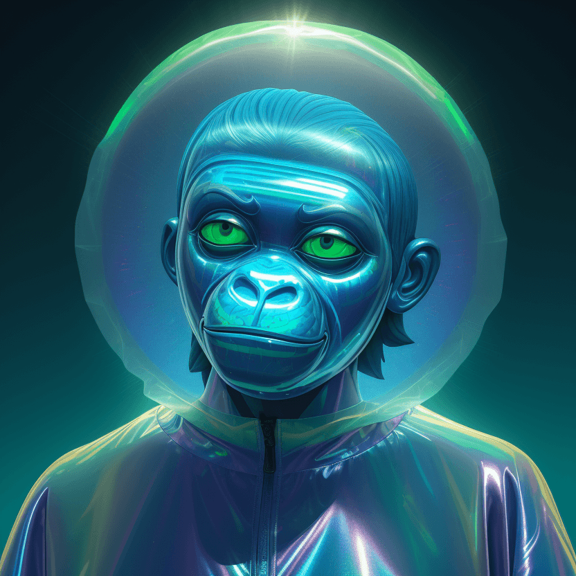 AI generated: 
3D cartoon Ape Head with Human Body, Wearing Iridescent Holographic Liquid Texture & Translucent Ma...
