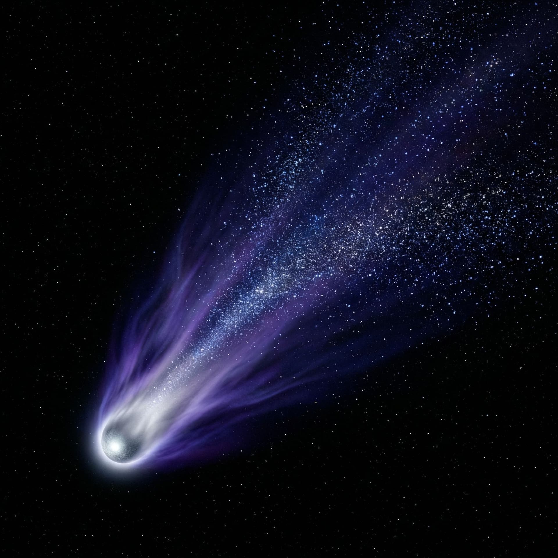 AI generated: a Silver comet with a long purple tail with blue and silver sparkles sprinkling off of it in the dar...
