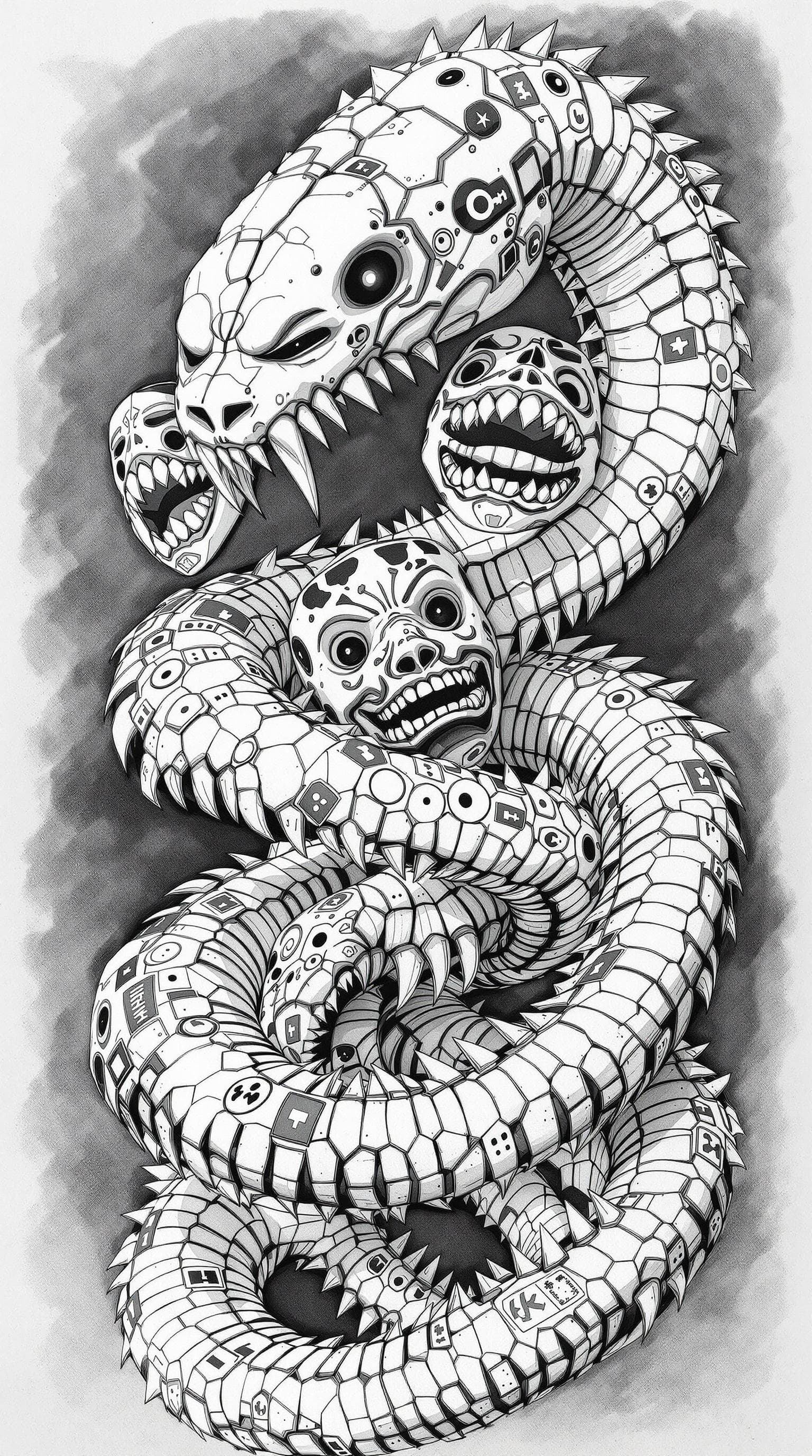 AI generated: A snake with a Japanese mask all over its body, revealing bones, black and white pencil drawings,Cou...