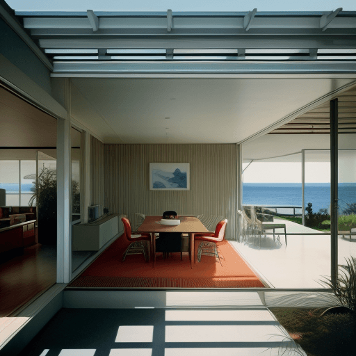 AI generated: Hyper realistic eye level exterior photo of a mid century modern style house overlooking the ocean, ...