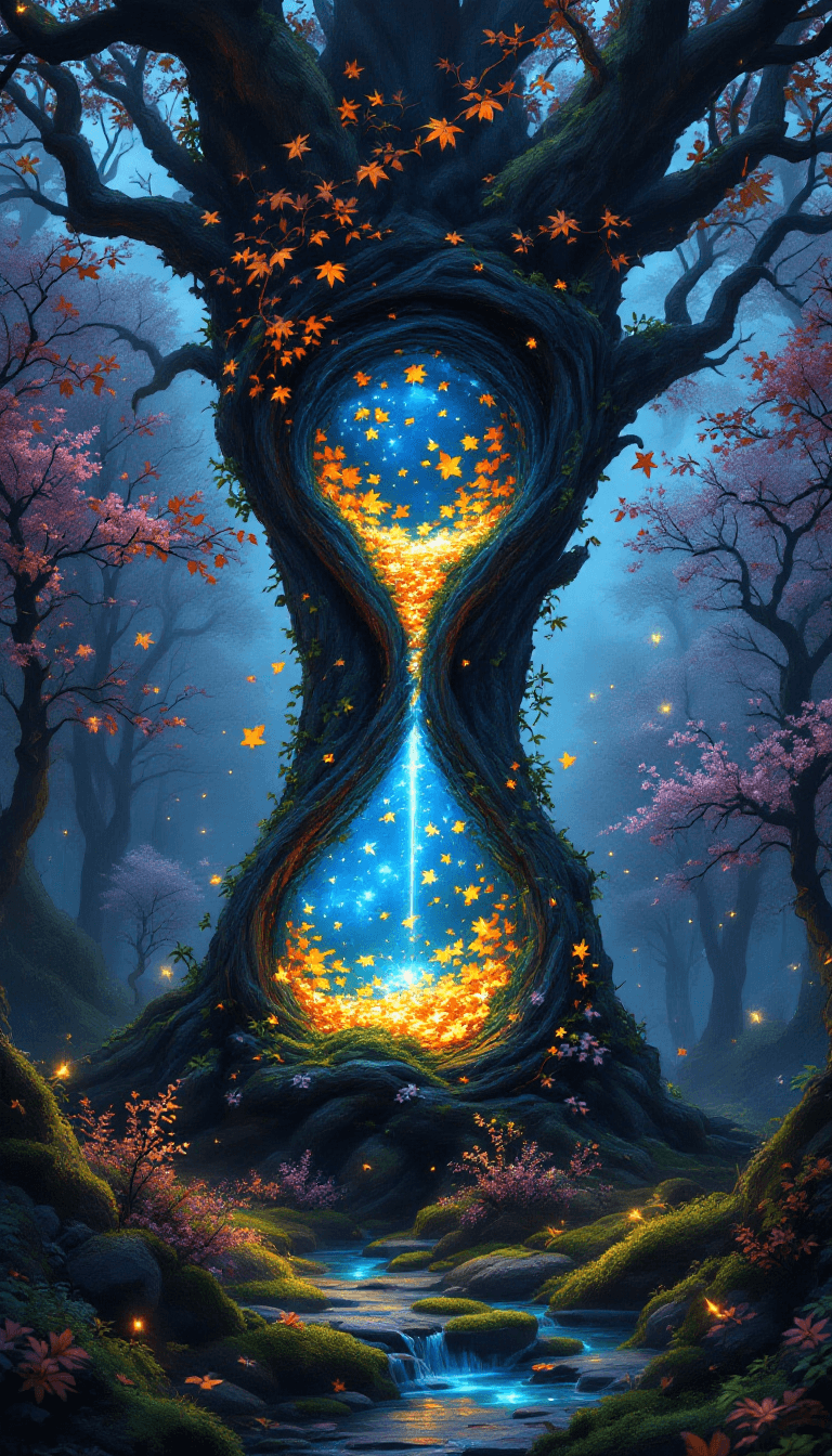 AI generated: [A **colossal hourglass** is embedded deep within the **twisted, gnarled trunk of an ancient, mythic...