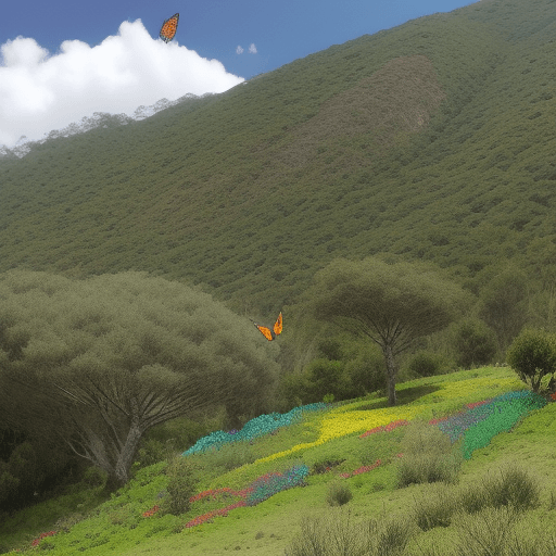 AI generated: una mariposa con arboles y cerro lleno de pasto verde y rayas  de colores