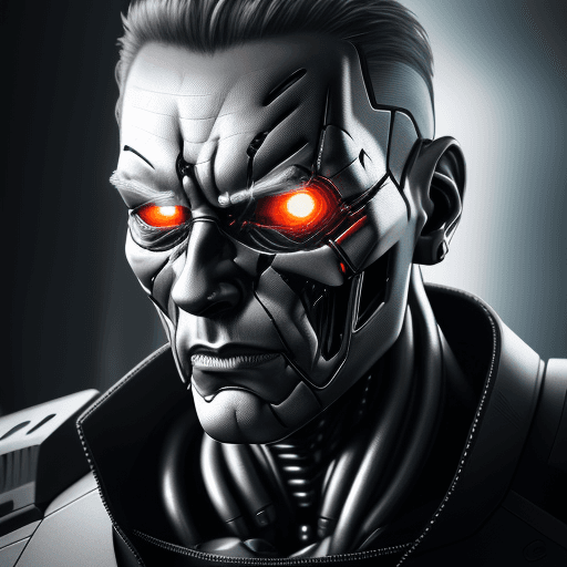 AI generated: hyper-realistic portrait of a terminator robot, an evil cyborg, in motion, full of hidden details, w...