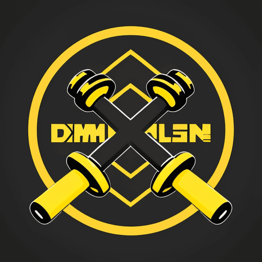 AI generated: gym logo app, black white and yellow, dumbbell, flat design and clean style, emblem, sticker, graphi...
