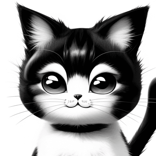 AI generated: Cute cartoon cat, smiling, big eyes, anime,{{{{{{black and white style}}}}}},no color