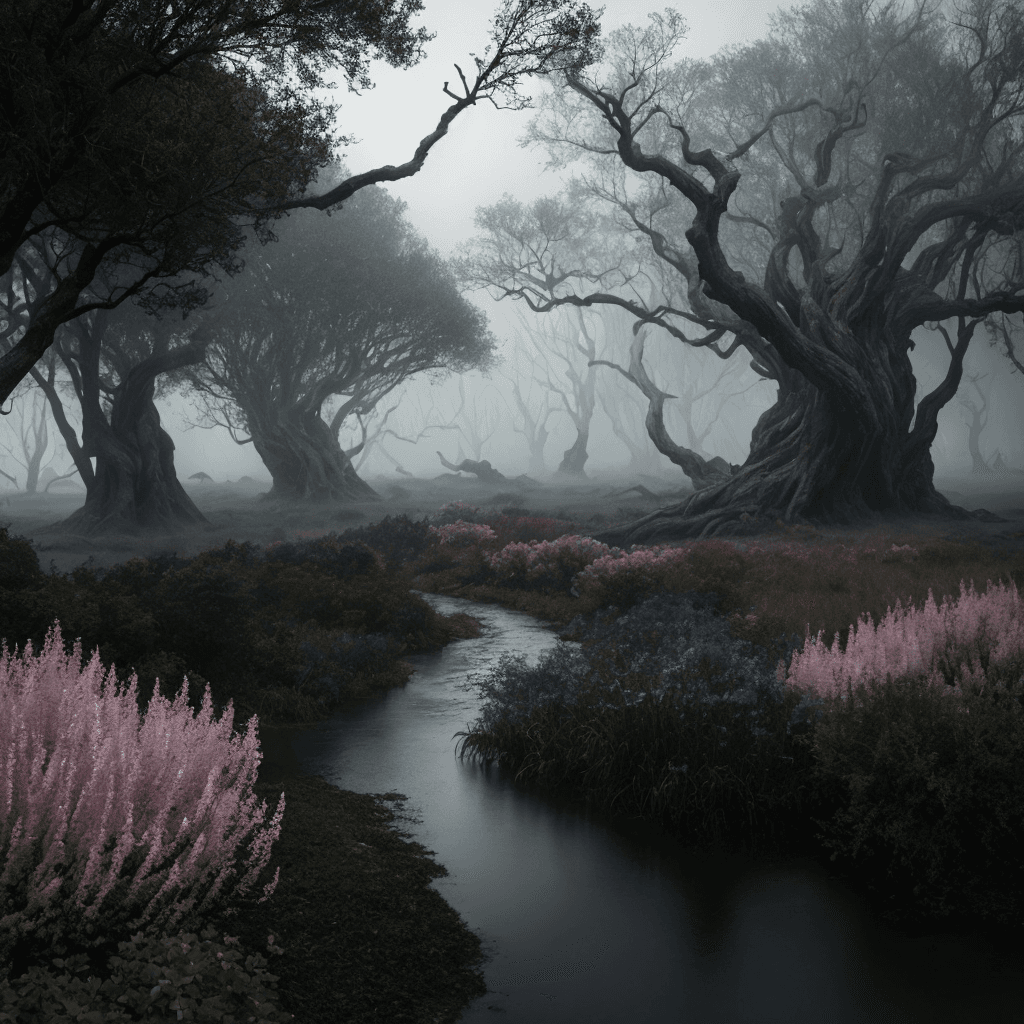 AI generated: hyper realistic high detail raytracing octane render. Foggy Sea of Darkness. Darkly beautiful. Marsh...