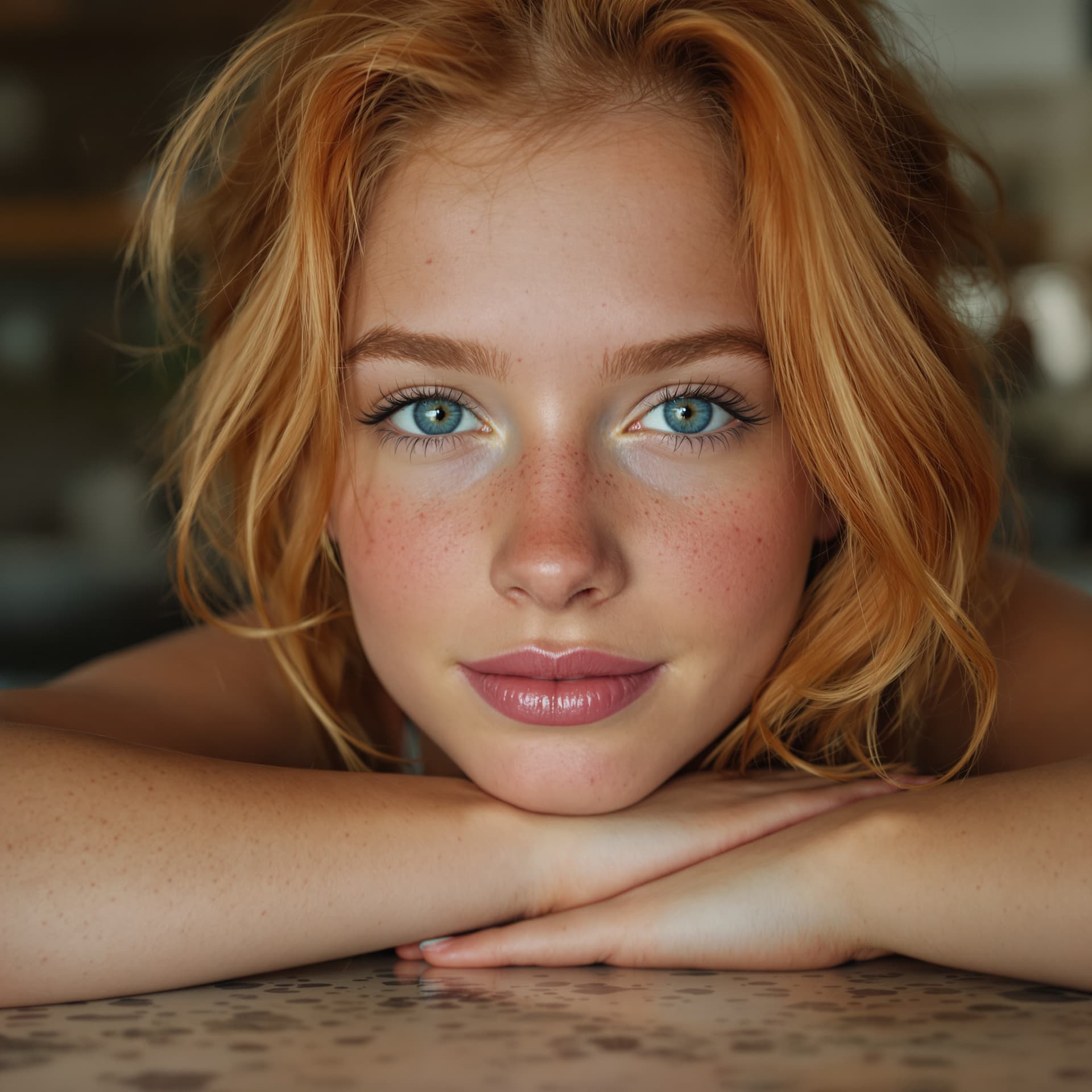 AI generated: close up of a beautiful ginger haired girl leaning on a counter with a bikini top on. she has grogeo...