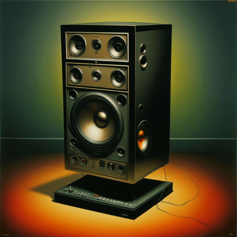 AI generated: music Album cover picture, surreal art, oil picture, speaker,  electronic, 1980