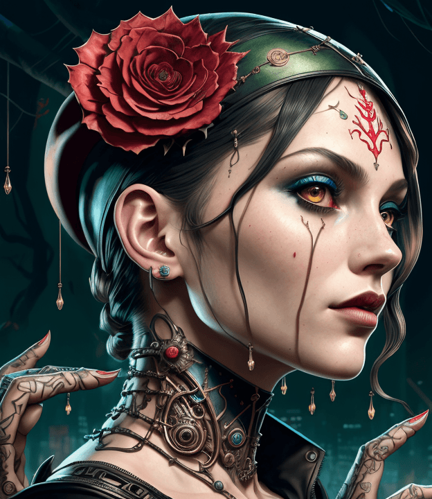 AI generated: tarot card with intricate detailed frame around the outside, frame, person in frame, portrait of cyb...