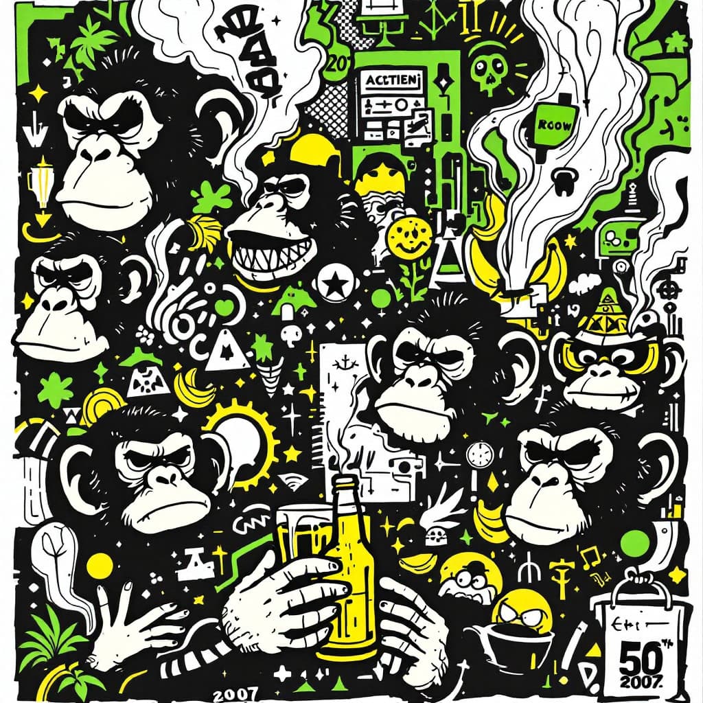 AI generated: An intricate and mainly black, white, green, yellow (two contrasting, extra colors for details), gra...