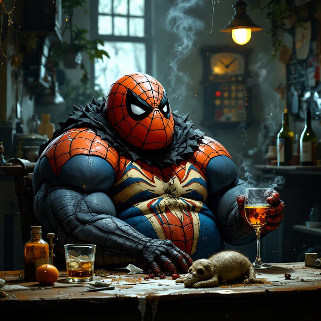 AI generated: lonley, fat  spiderman, costume scetchy, mold humid, drinking bar scotch