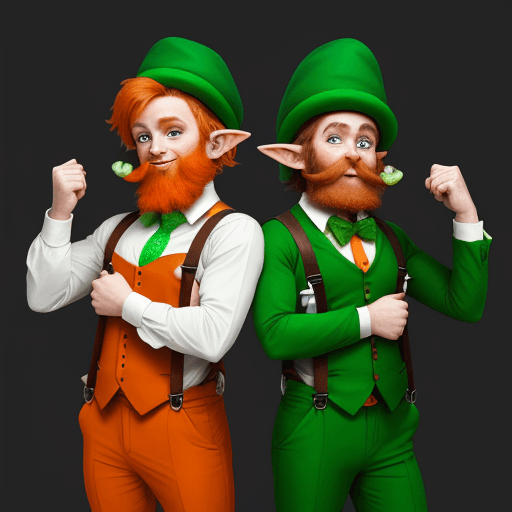 AI generated: 2 small leprechaun elves with an orange beard, in green suits with suspenders, holding a large logo ...