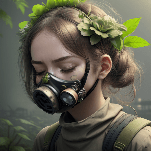 AI generated: Woman with flower crown on her head and gas mask on her face, plant growing out of her mouth, plant ...