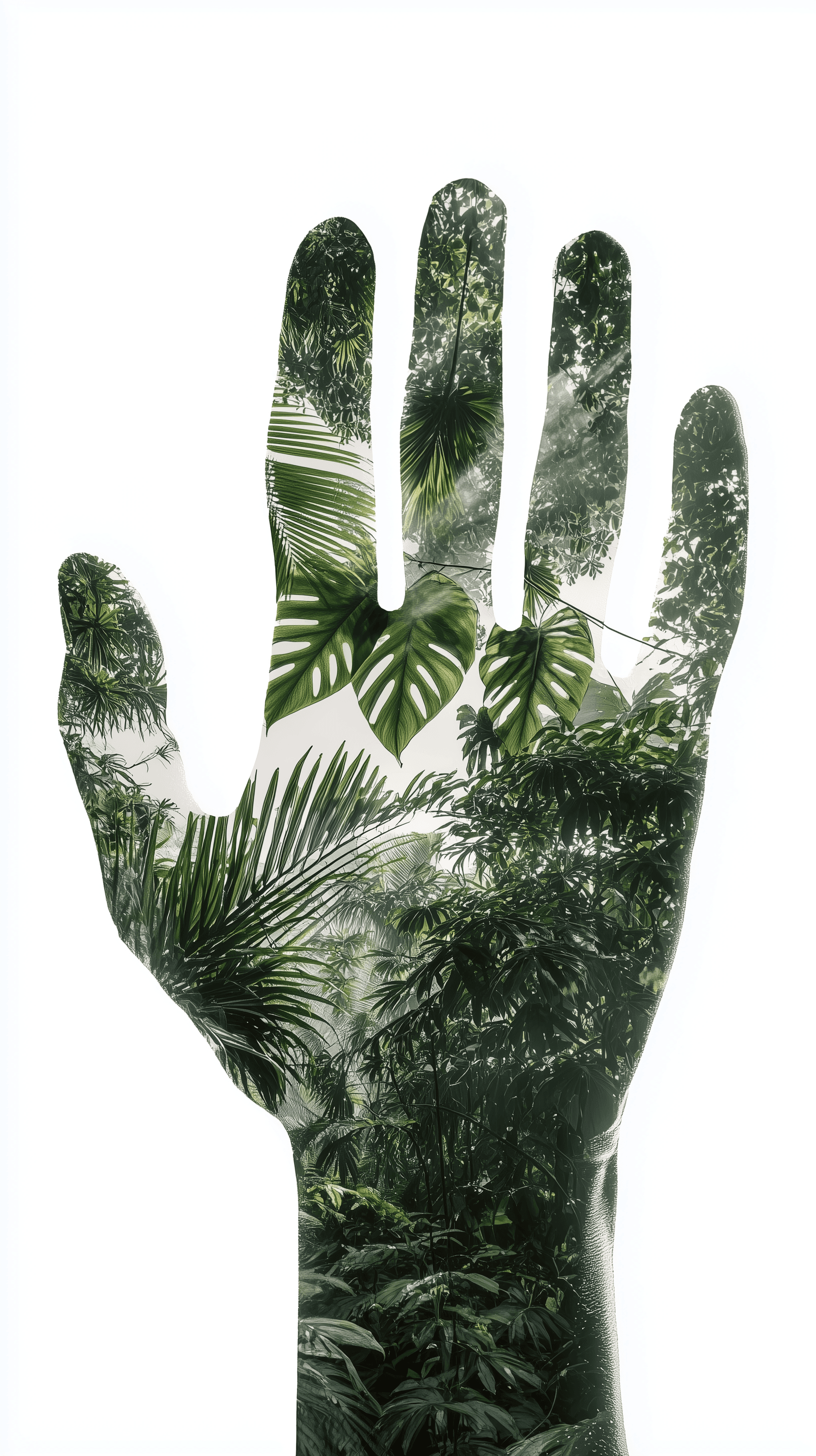 AI generated: multiple exposure, clear outline silhouette, hand, inside the silhouette shows lush tropical botanic...