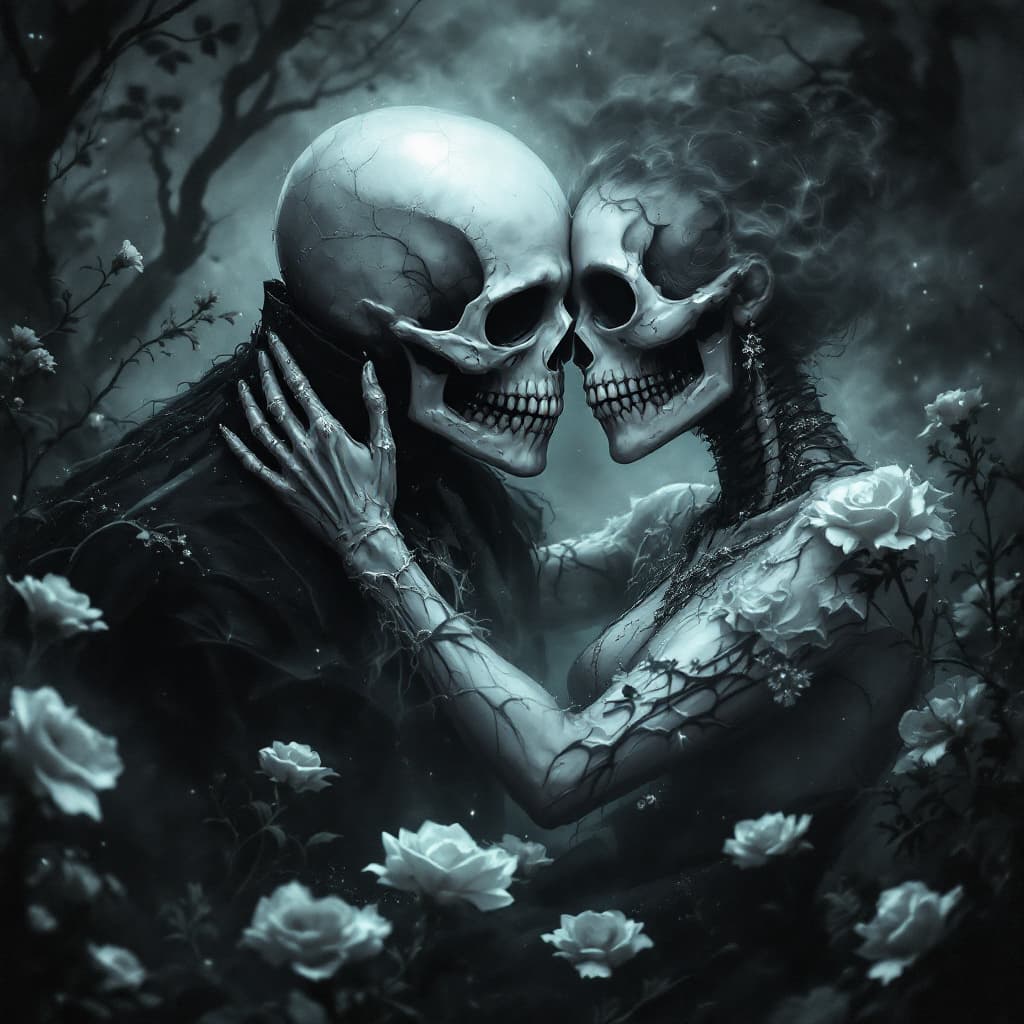 AI generated: Nightmare SANTISIMA MUERTE,love scene,romantic embrace.fondo gris claro,beautiful