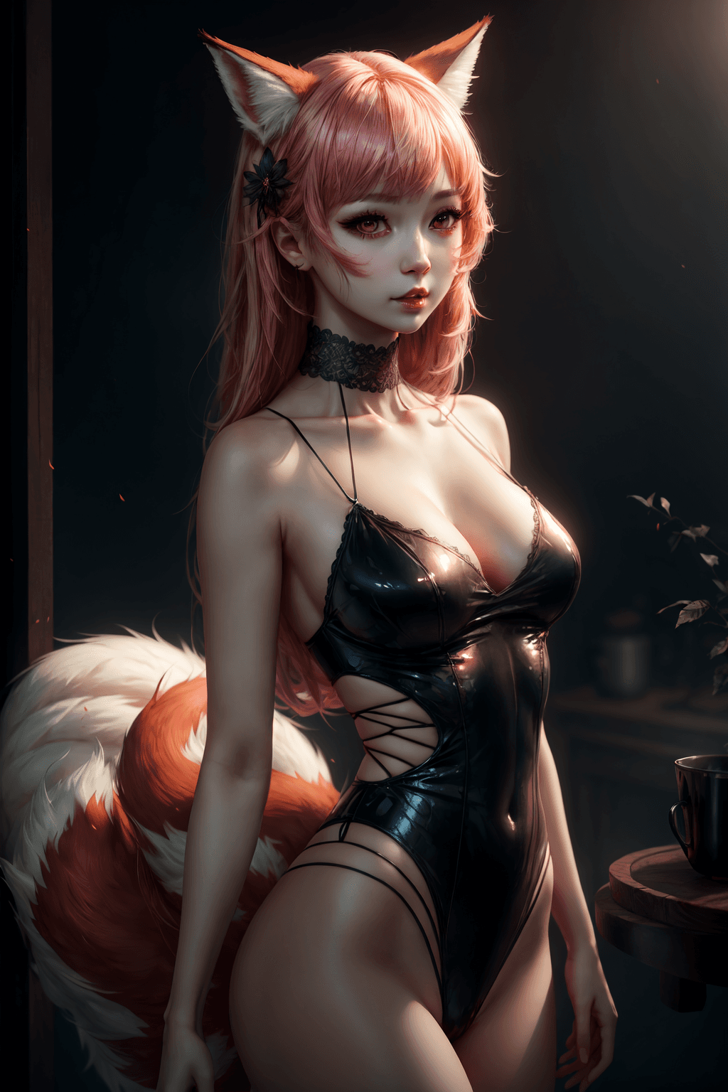 AI generated: fluffy nine-tailed fox girl by Wlop and Guweiz, Hyper-realistic, photography, real, professional, 8k...