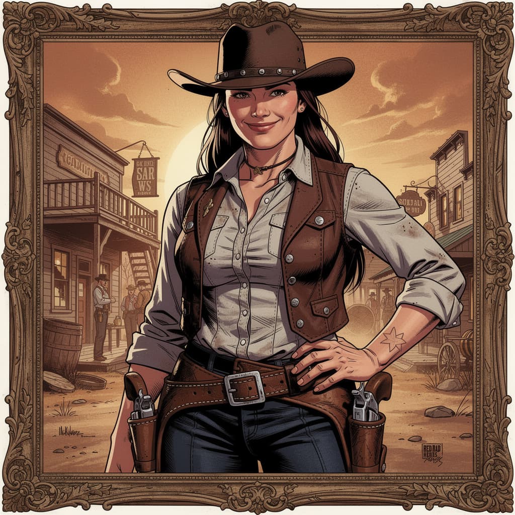 AI generated: cowboy girl with guns in a western scene with a picture frame, red dead redemption art style, cowgir...