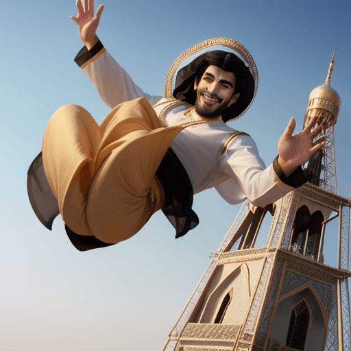 AI generated: Smiling Arabian man crashing into tower
 