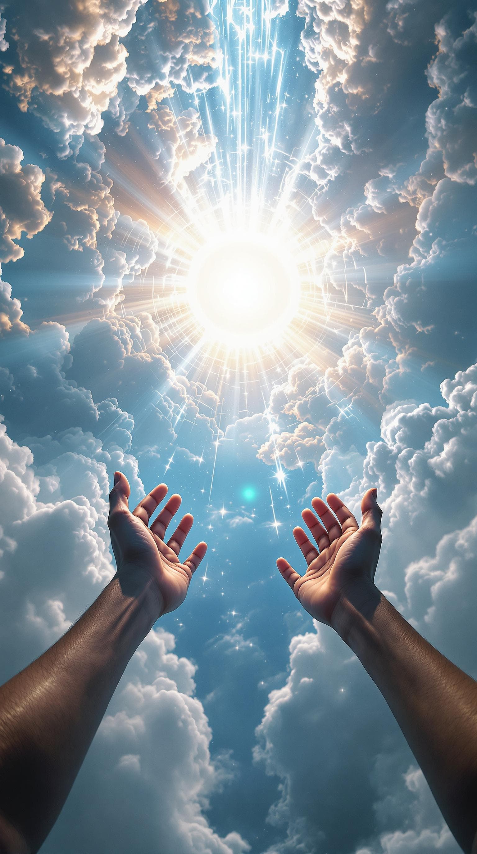 AI generated: first person POV, hands reach into a glowing rift in the sky, white light bleeding through, clouds p...