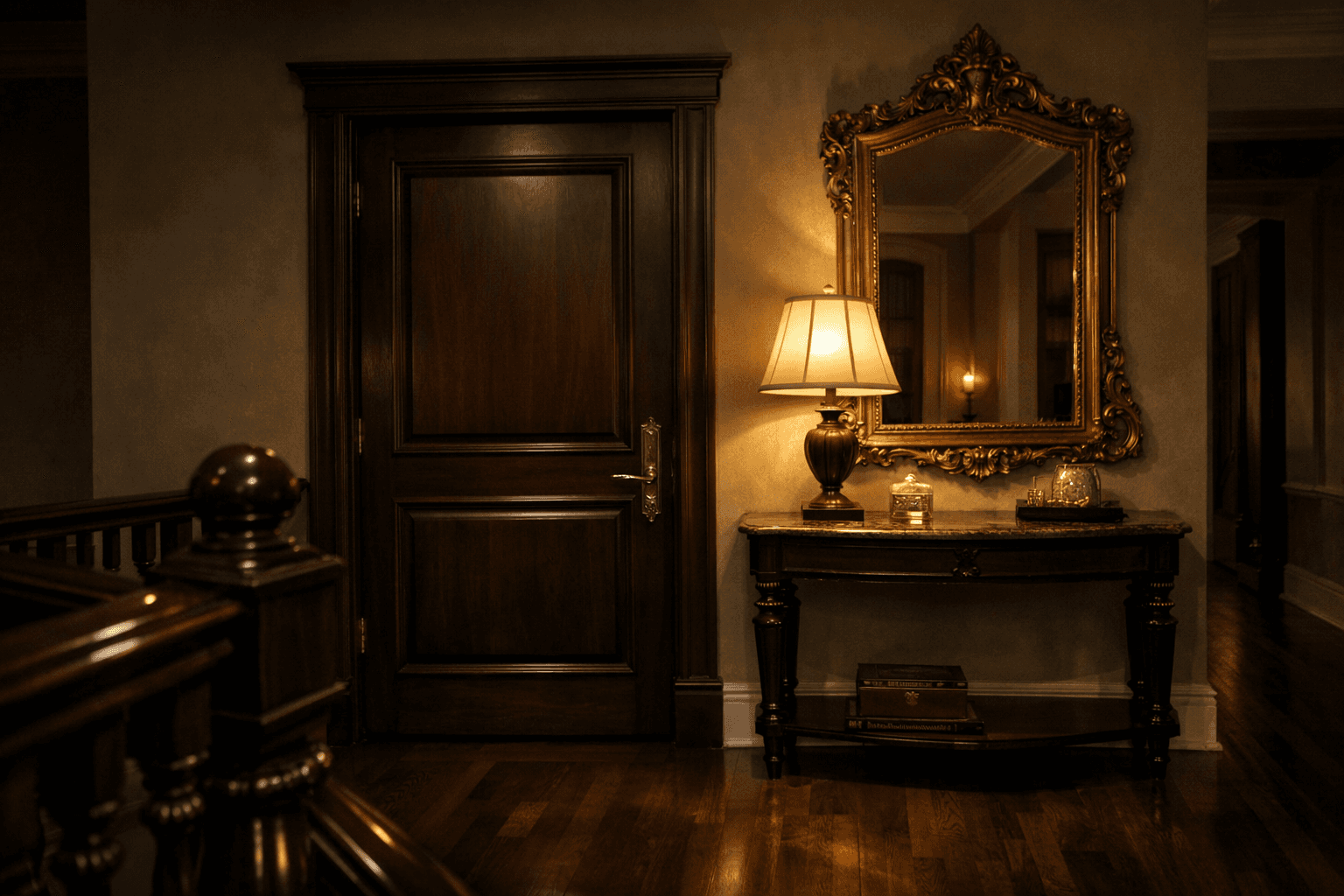AI generated: At night at a beautiful and luxurious house, on the second floor.

The view is the outside of a bedr...